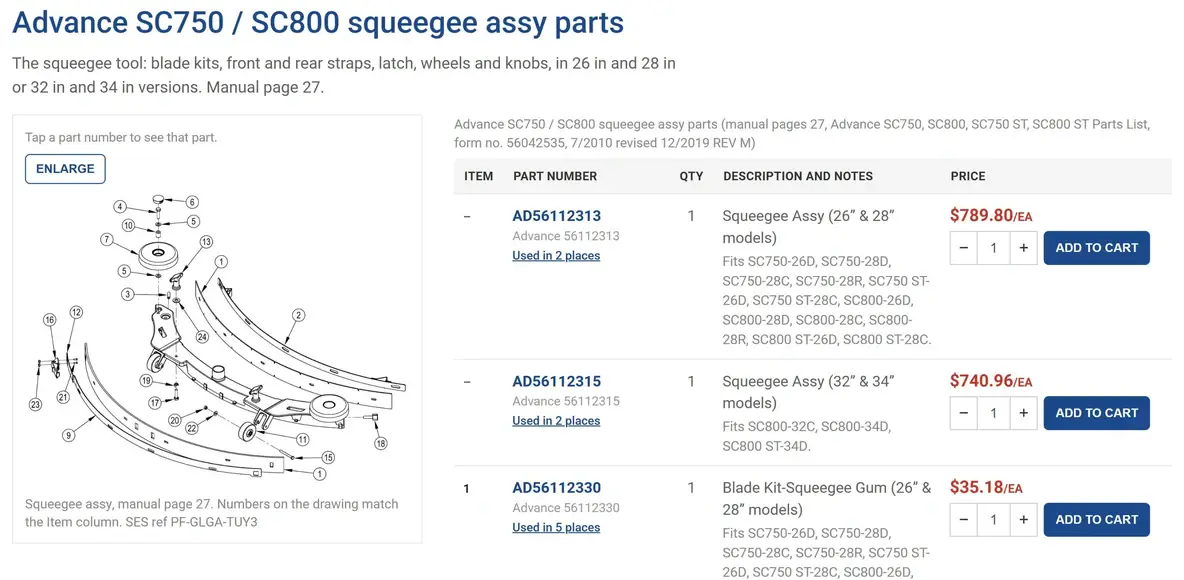 Advance SC750 / SC800 squeegee assembly drawing next to its parts list with prices and Add to Cart buttons
