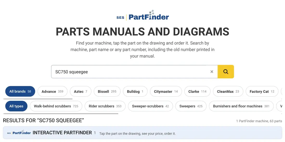 SES PartFinder search for SC750 squeegee showing brand and machine type filters